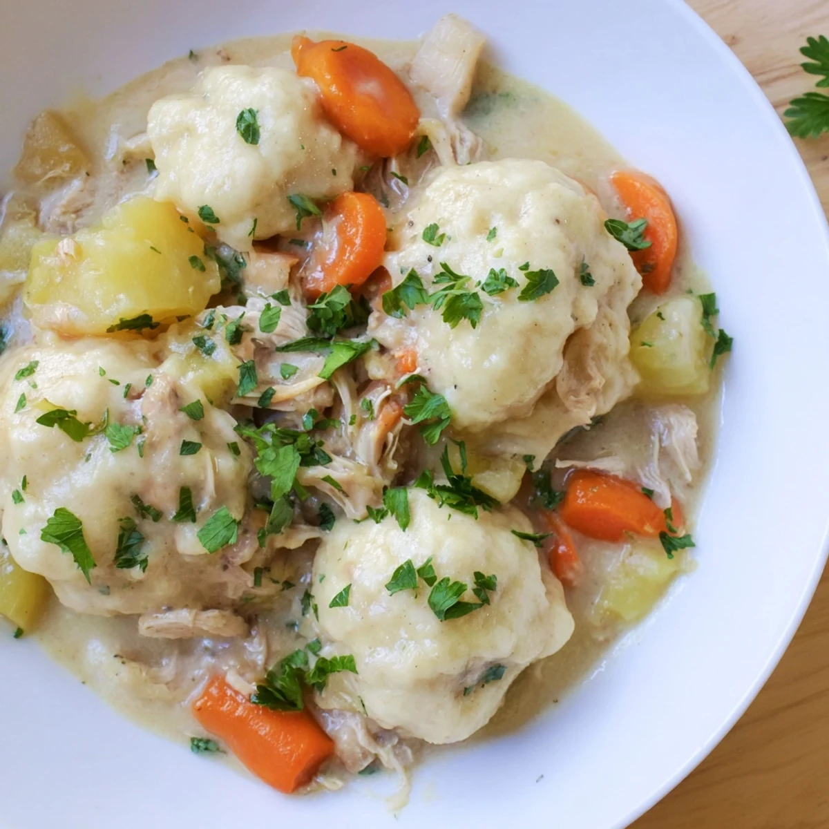 A steaming bowl of Slow Cooker Chicken and Dumplings with tender shredded chicken and fluffy dumplings in a creamy broth.  