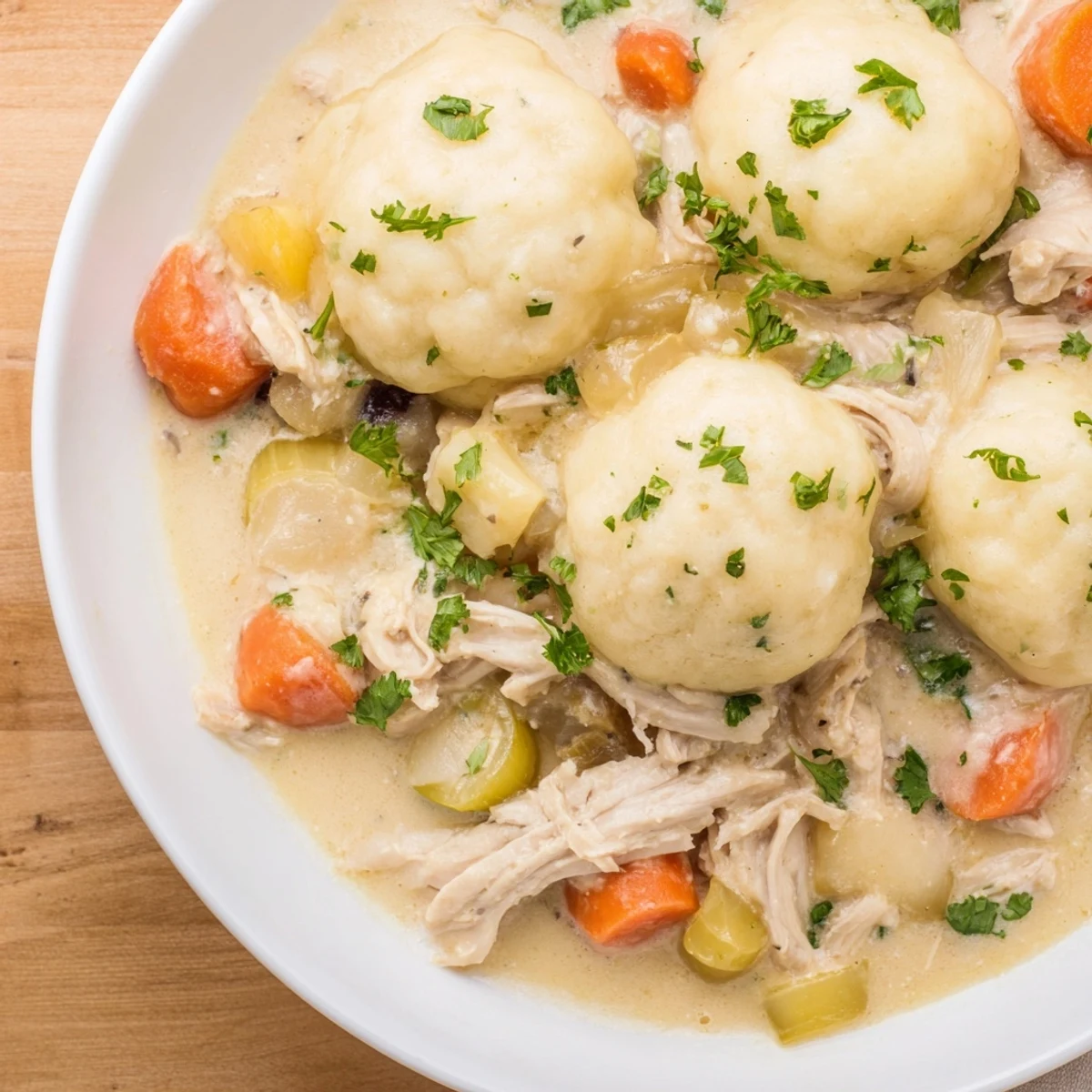 Slow Cooker Chicken and Dumplings in a slow cooker with steam rising, perfect for a comforting family dinner.