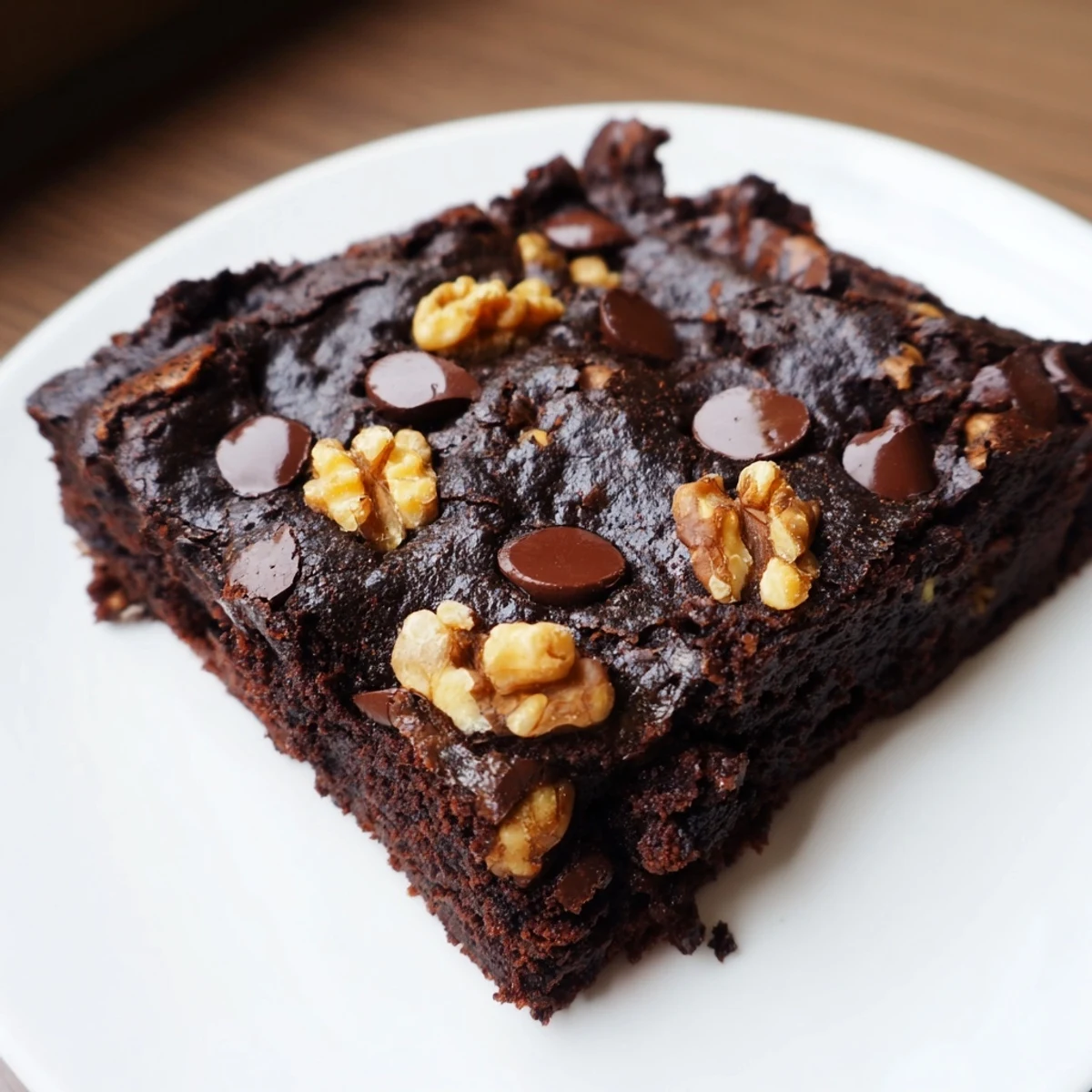 Fudgy Chocolate Fudge Brownies with Walnuts on a rustic cutting board, showcasing gooey chocolate chunks and crunchy nut pieces.