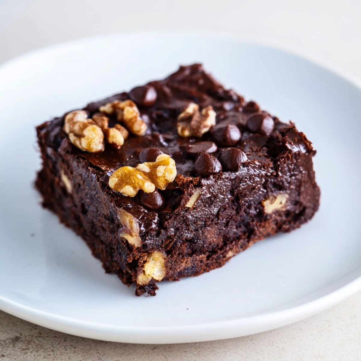 A slice of rich Chocolate Fudge Brownies with Walnuts served with a scoop of vanilla ice cream melting on top.