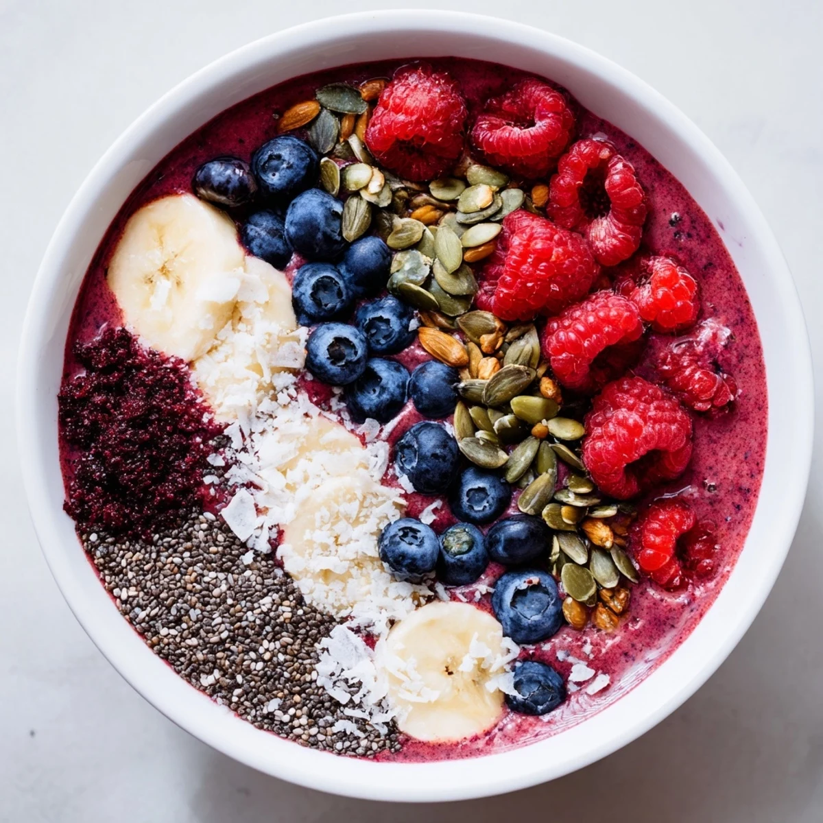 A vibrant Winter Berry Smoothie Bowl with Seeds, topped with fresh berries and crunchy pumpkin and sunflower seeds for texture.