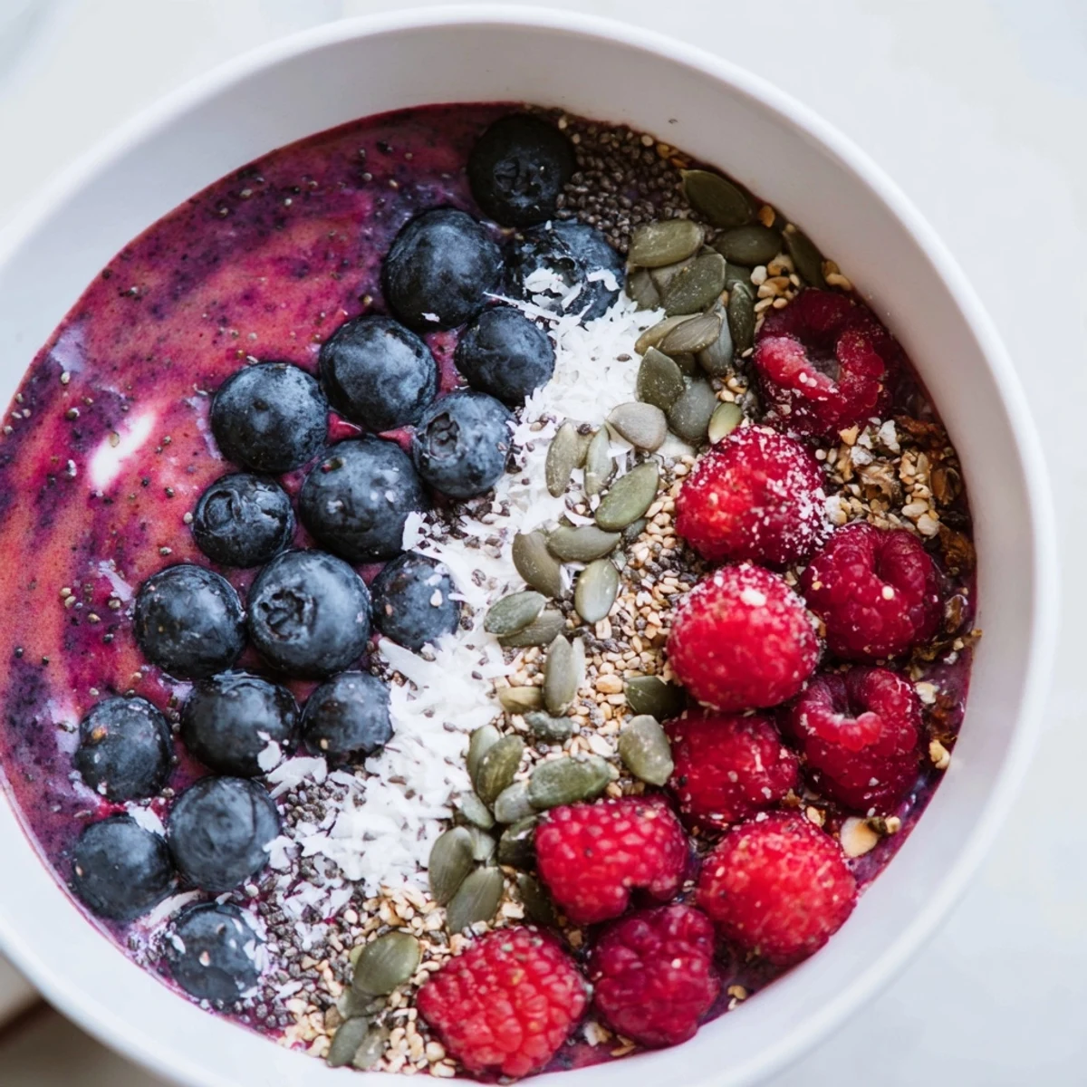 Bright, colorful layers of the Winter Berry Smoothie Bowl with Seeds, finished with coconut flakes and a drizzle of honey.