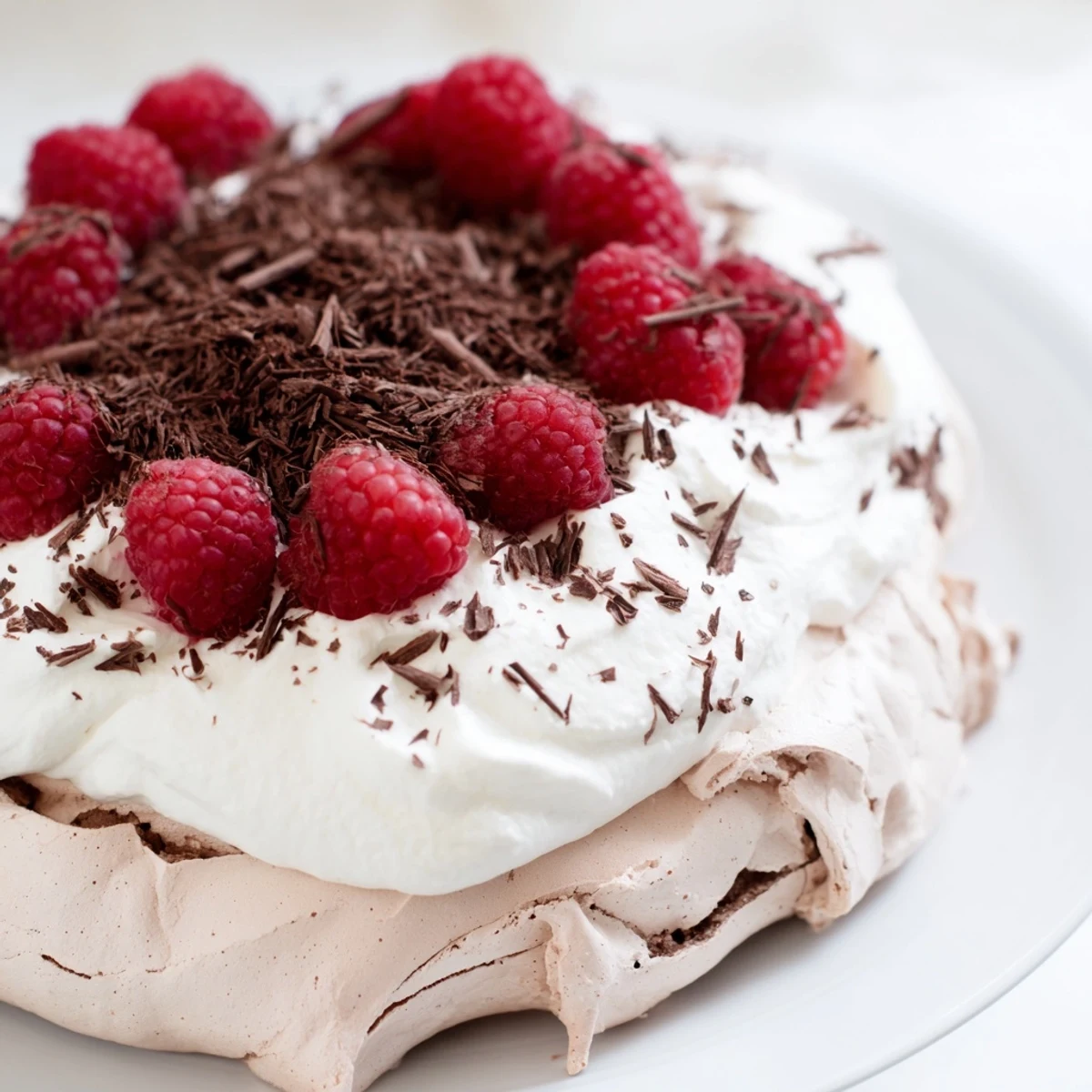 Close-up of a slice of Chocolate Raspberry Pavlova on a plate, with crisp chocolate meringue shell, marshmallowy center, whipped cream, and fresh raspberries.