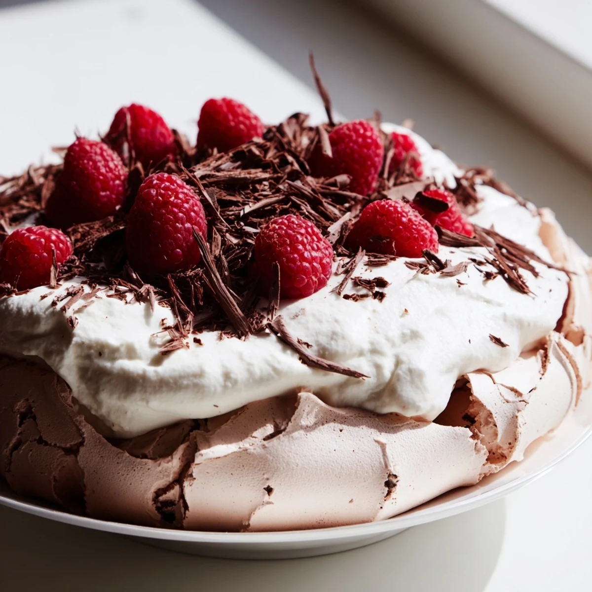 A whole Chocolate Raspberry Pavlova on a white platter, topped with generous fresh raspberries and shaved chocolate, ready to serve at a party.