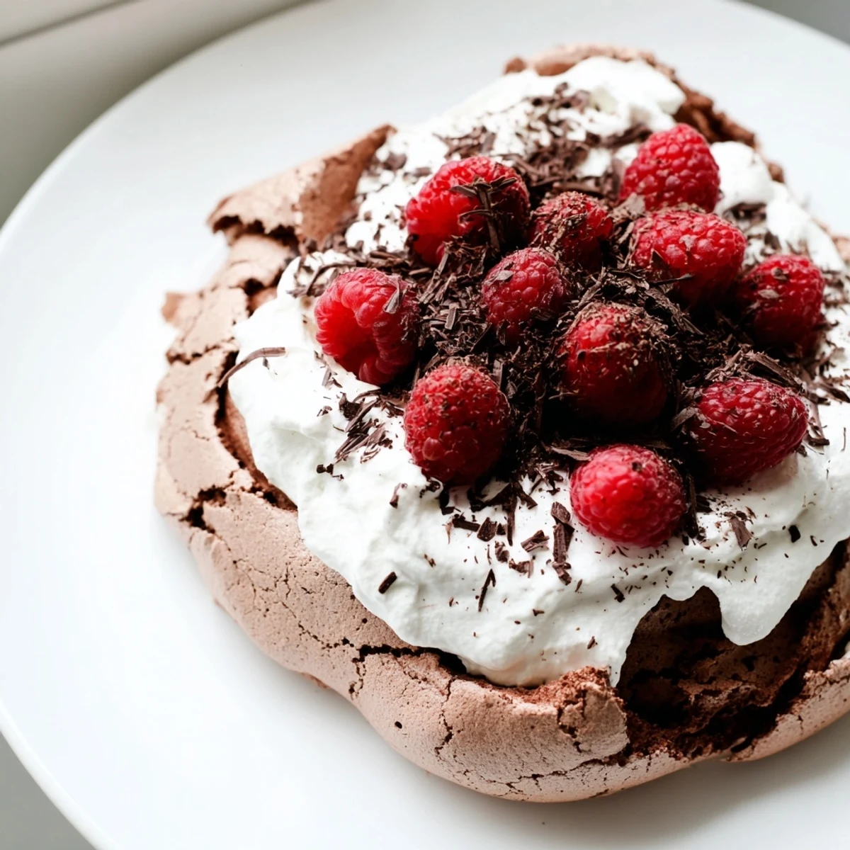 Chocolate Raspberry Pavlova dessert showing a cracked meringue nest filled with fluffy cream and bright red berries, garnished with dark chocolate shavings.