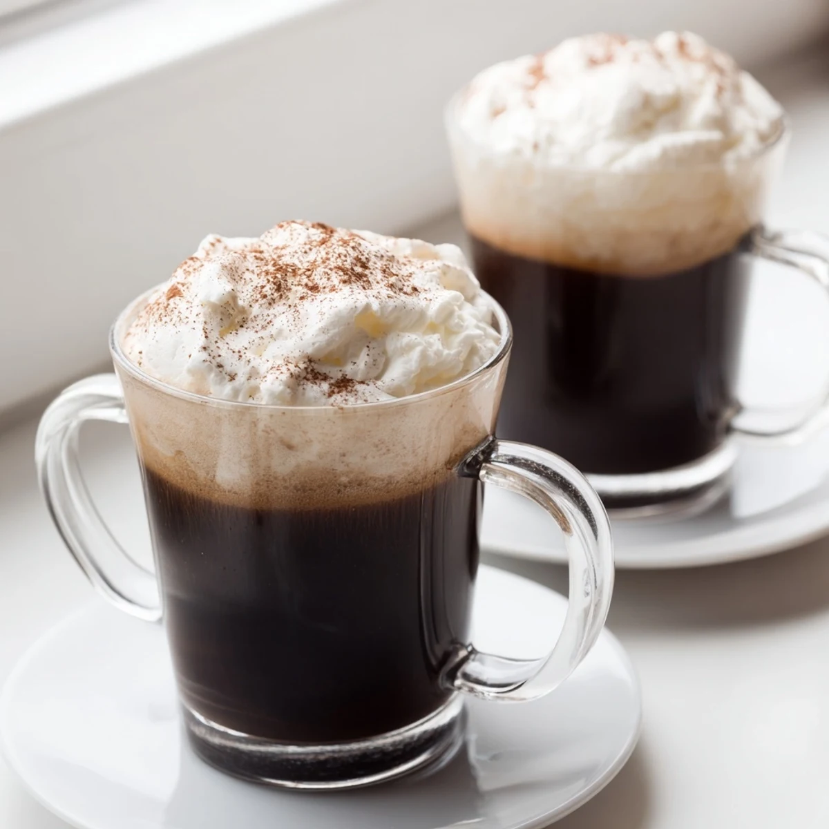 Two glasses of Irish Coffee Mocktail filled with hot coffee, crowned with a tall layer of fluffy whipped cream and a dusting of cocoa powder.