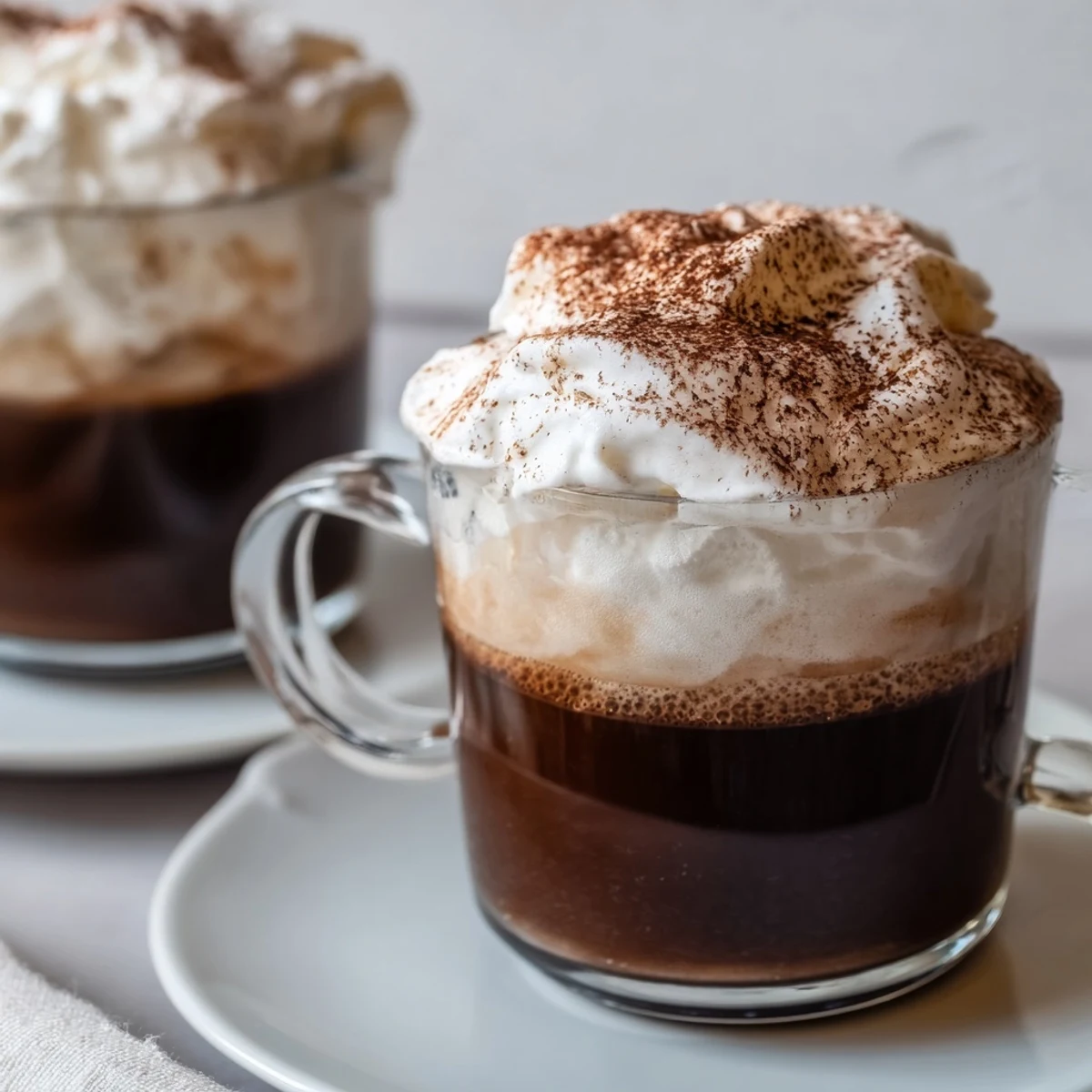 Steaming Irish Coffee Mocktail in a clear glass mug, showcasing a thick swirl of vanilla whipped cream floating on dark, rich coffee.