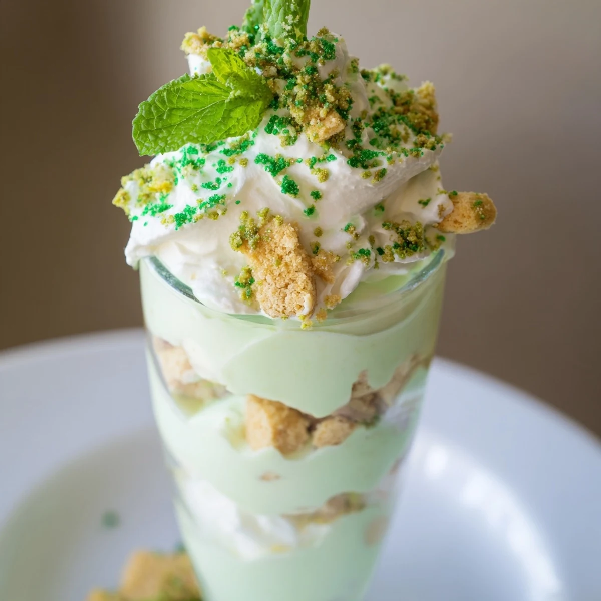 Freshly layered St. Patrick's Day Pistachio Pudding Parfait with creamy green pudding, fluffy whipped cream, and crunchy cookie crumbles in a glass.
