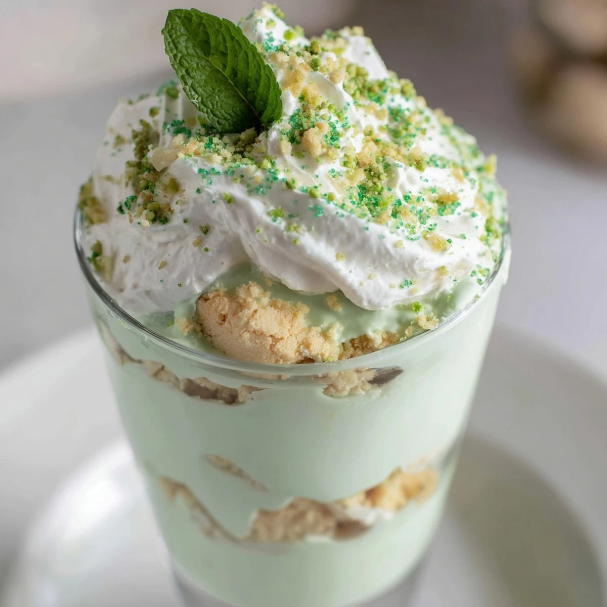 Festive St. Patrick's Day Pistachio Pudding Parfait garnished with chopped pistachios and green sprinkles, ready to serve after a 15 minute chill.