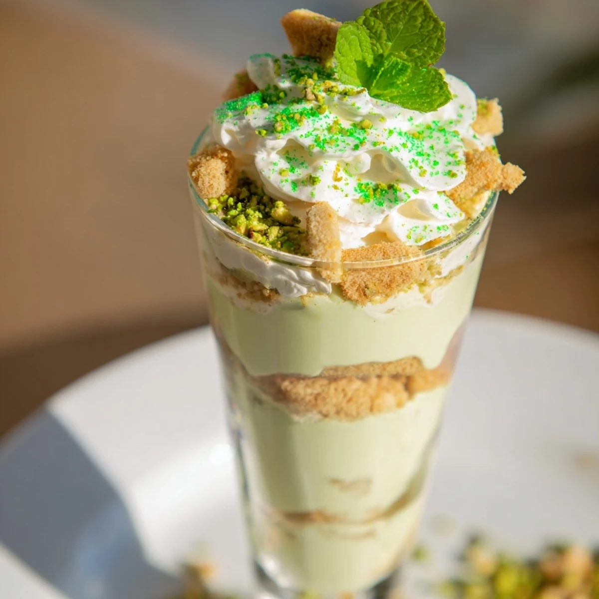 Easy St. Patrick's Day Pistachio Pudding Parfait showing soft peaks of whipped cream and crumbled shortbread cookies, a perfect no-bake dessert.