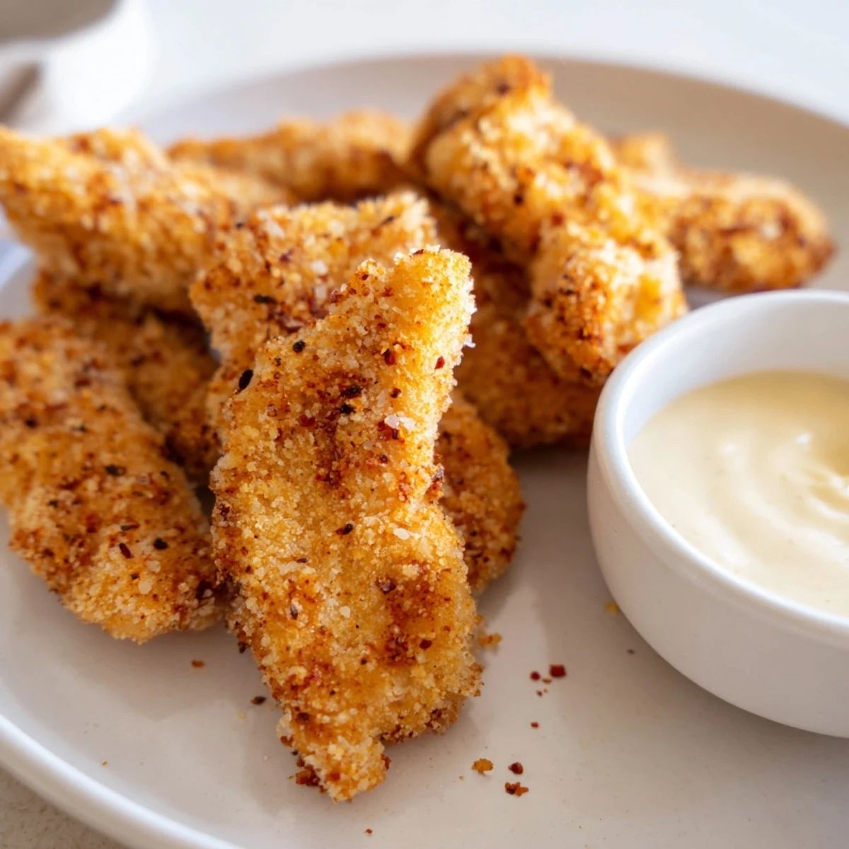 Golden brown Game Day Crispy Chicken Strips with Honey dip stacked on a plate next to a cold beer.