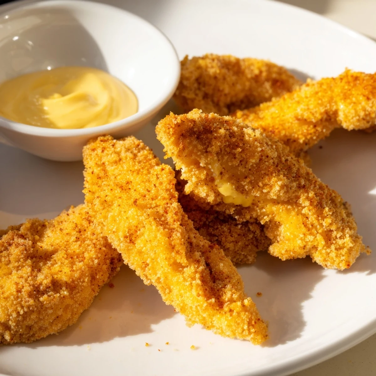 Freshly fried Game Day Crispy Chicken Strips with Honey served hot with a creamy dipping sauce on the side.