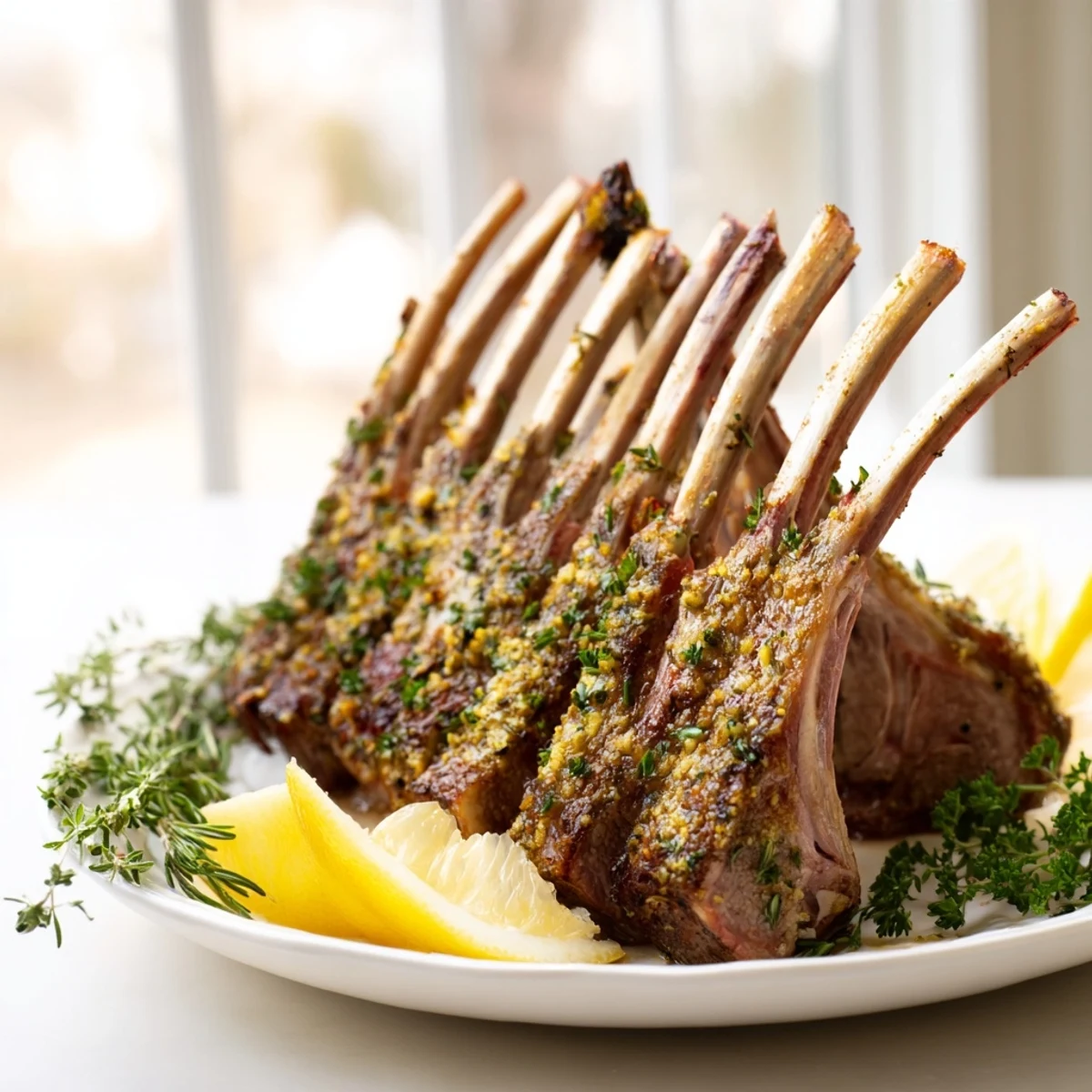 A plated Romantic Roasted Rack of Lamb, sliced to show juicy pink meat, garnished with fresh parsley and lemon wedges.