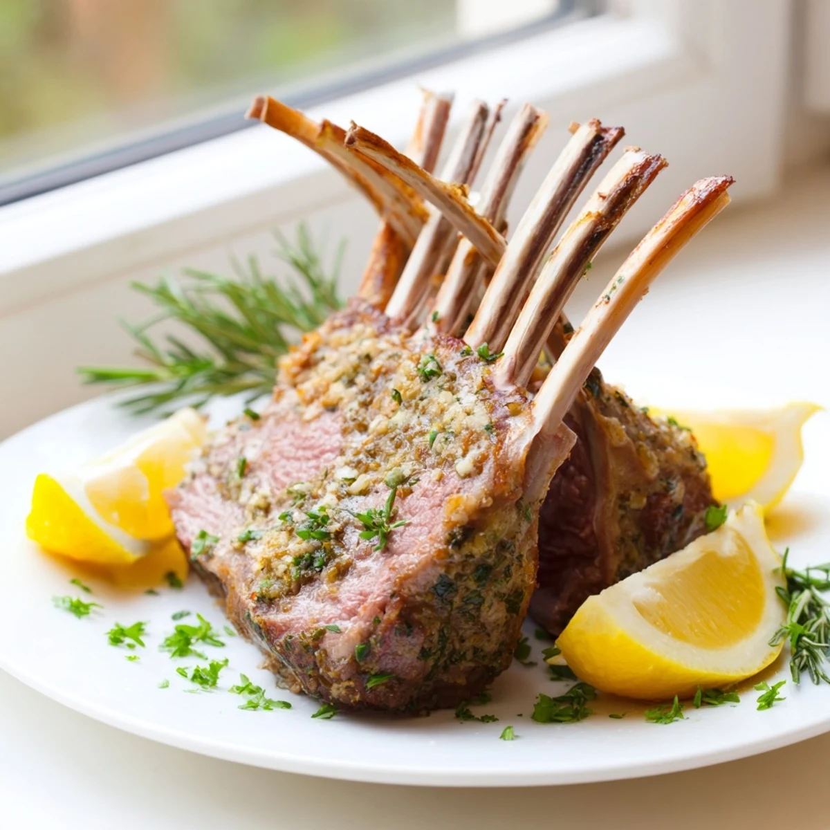 Close-up of Romantic Roasted Rack of Lamb cooked to medium-rare, featuring a herb-crusted crust and glistening rosemary garlic finish.