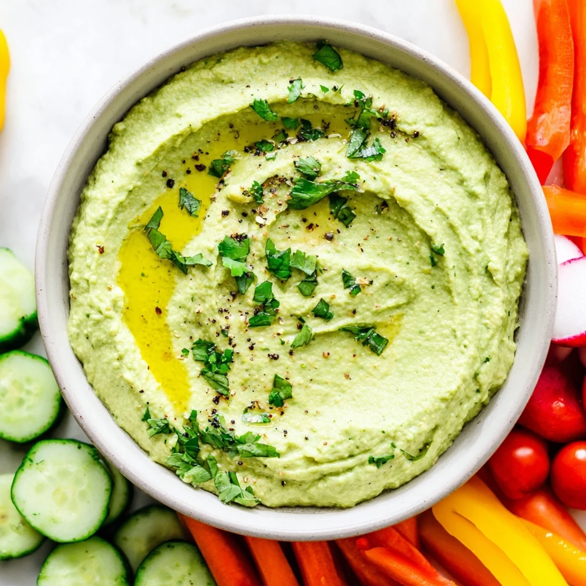 Creamy Green Avocado Hummus is swirled in a rustic bowl, surrounded by crisp carrot sticks, cucumber slices, and vibrant bell pepper strips for dipping.