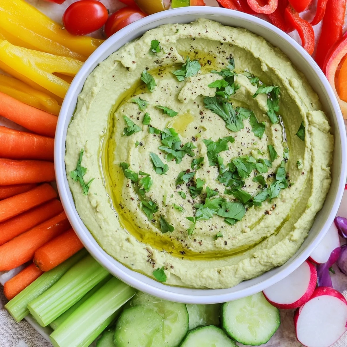 Bright Green Avocado Hummus in a white bowl, garnished with olive oil and fresh parsley, paired with cherry tomatoes and celery on a wooden board.