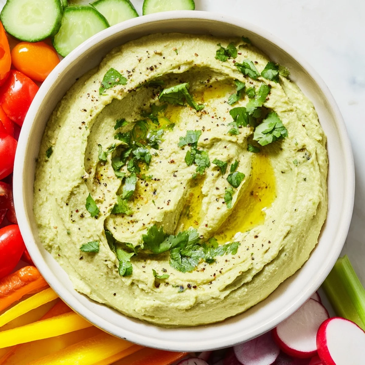 A close-up shows the rich texture of Green Avocado Hummus, a healthy vegan dip perfect for parties, served with colorful fresh vegetable crudités.