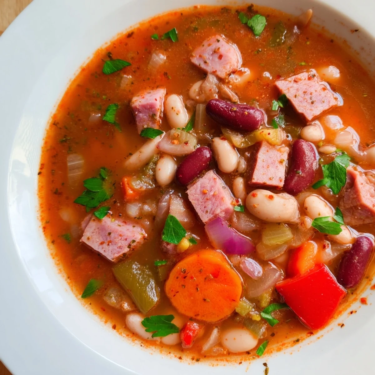 A close-up of Creole Bean Soup with Turkey Ham featuring smoky ham cubes, creamy beans, and diced red bell peppers in a rich tomato broth.