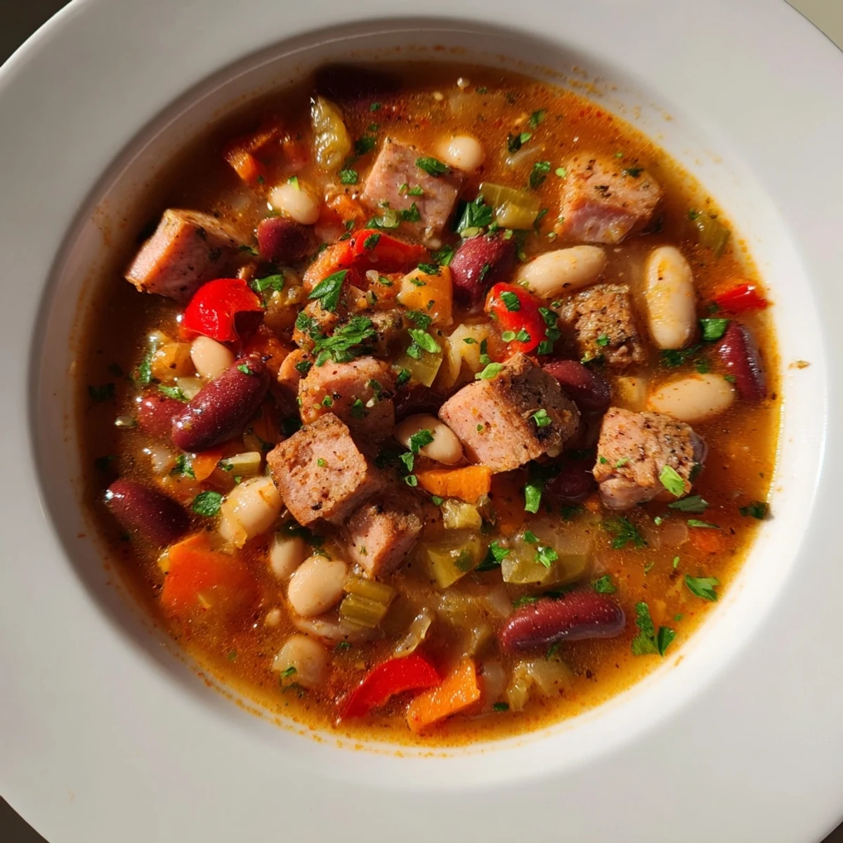 Hearty Creole Bean Soup with Turkey Ham simmering in a Dutch pot, revealing tender carrots and celery in a spiced broth.