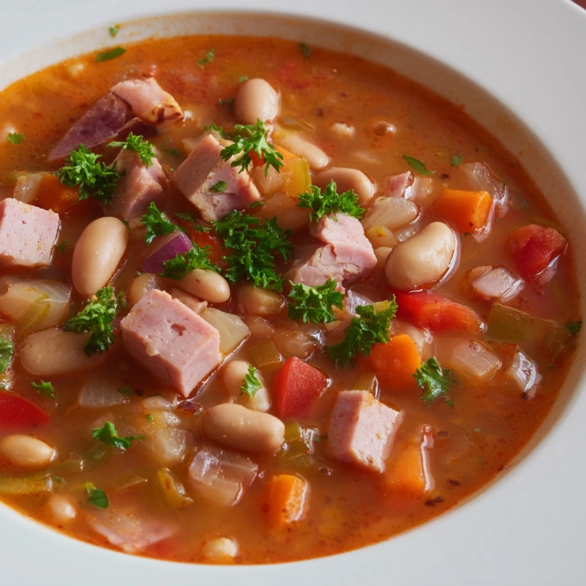 Serving suggestion for Creole Bean Soup with Turkey Ham in a rustic bowl, garnished with fresh parsley and a dash of hot sauce.