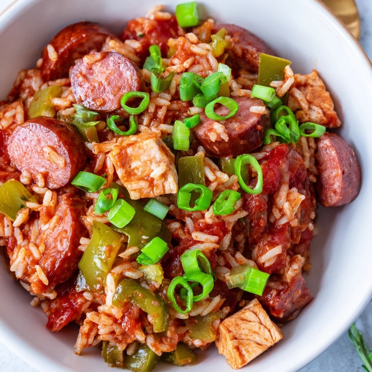 Spicy Mardi Gras Chicken Jambalaya with Sausage served steaming hot, garnished with fresh parsley and vibrant green onions.