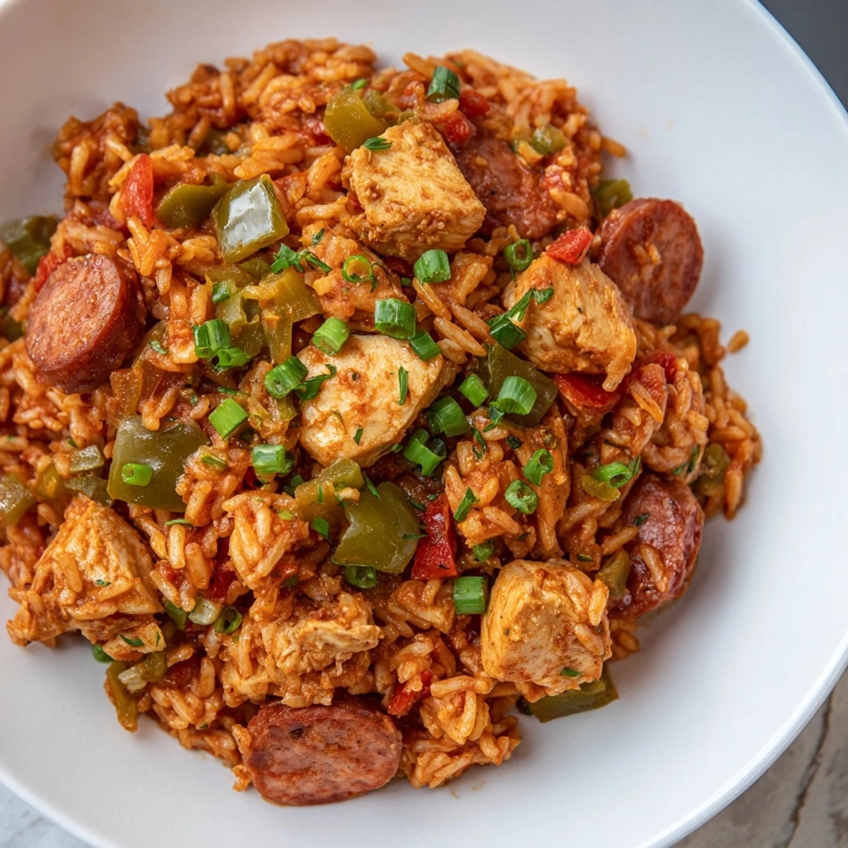 Colorful Mardi Gras Chicken Jambalaya with Sausage featuring tender chicken and smoky sausage in a rich Creole tomato sauce.