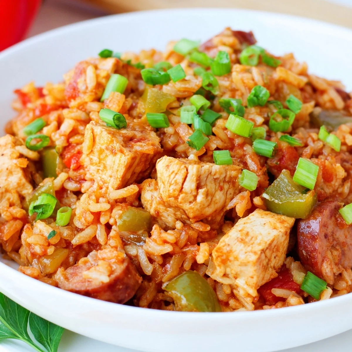 A hearty scoop of Mardi Gras Chicken Jambalaya with Sausage on a plate, ready to enjoy with cornbread.