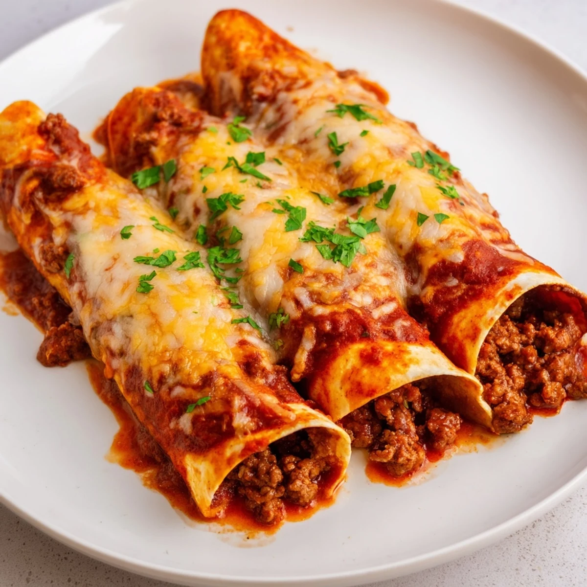 Homemade Championship Beef Enchiladas with Red Sauce served with sour cream and fresh cilantro garnish.