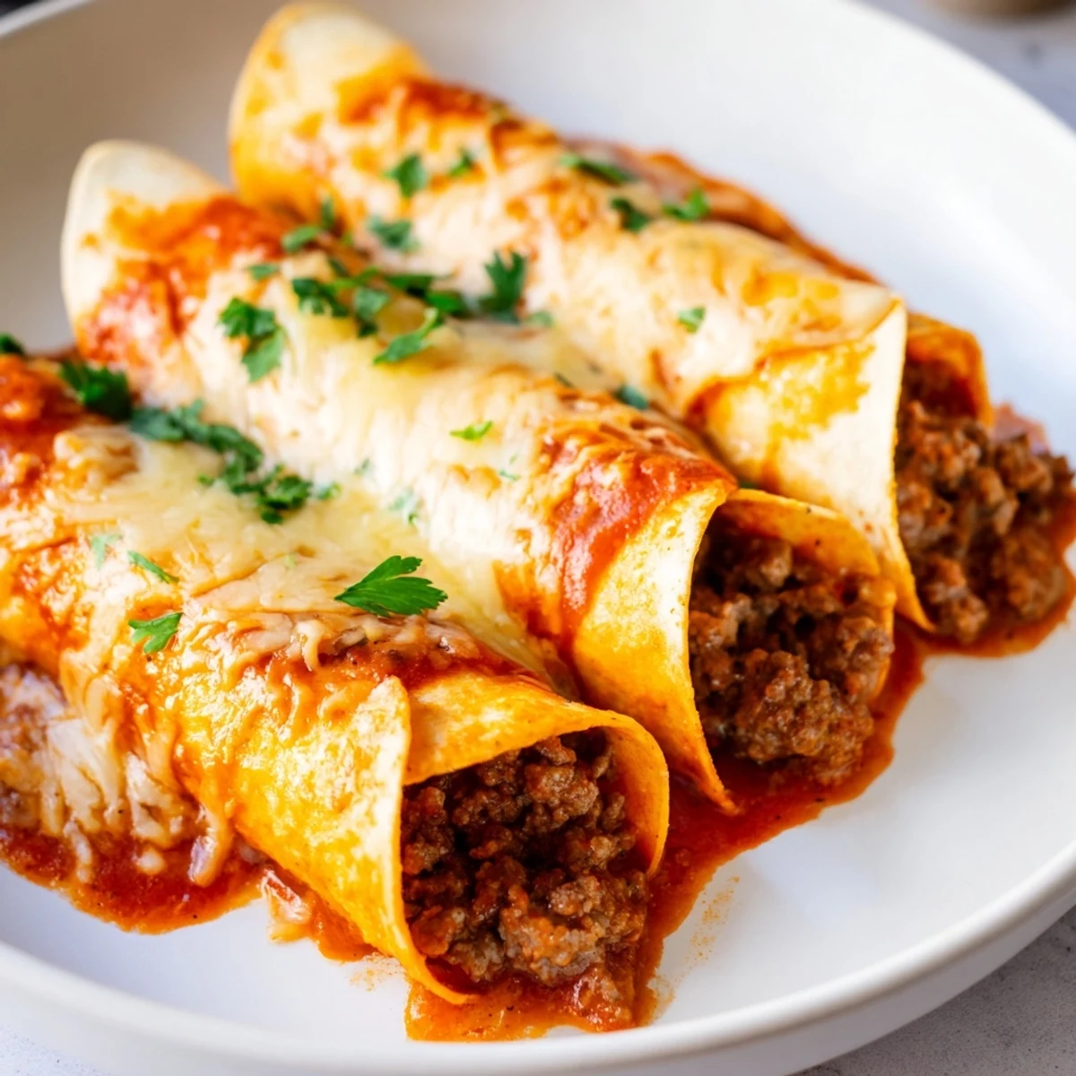 Freshly baked Championship Beef Enchiladas with Red Sauce bubbling with melty cheese in a ceramic dish.