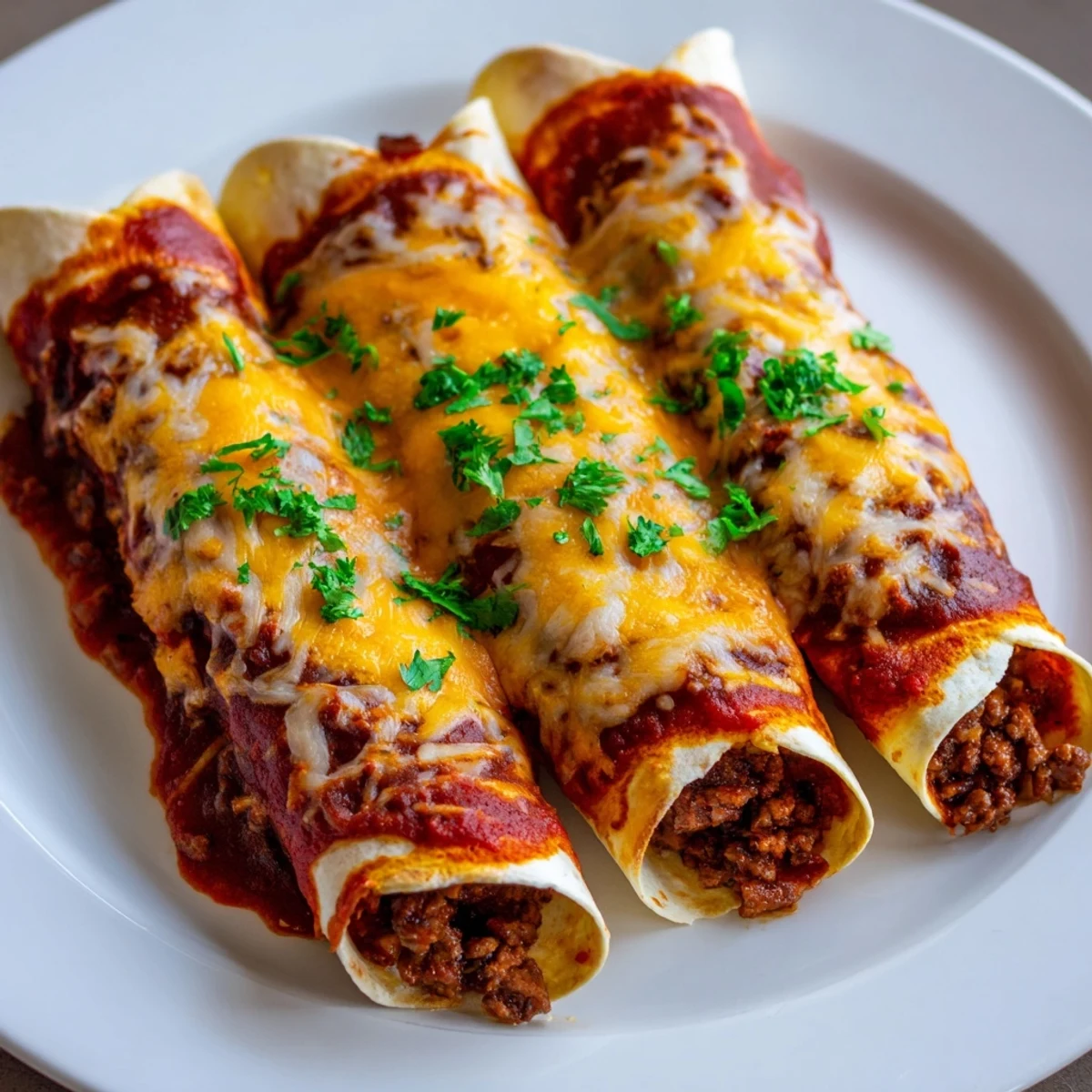 Plated Championship Beef Enchiladas with Red Sauce alongside Spanish rice and refried beans for dinner.