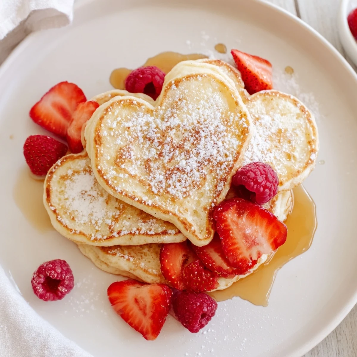 Golden-brown heart-shaped Valentine Breakfast in Bed Pancakes topped with fresh berries and maple syrup.