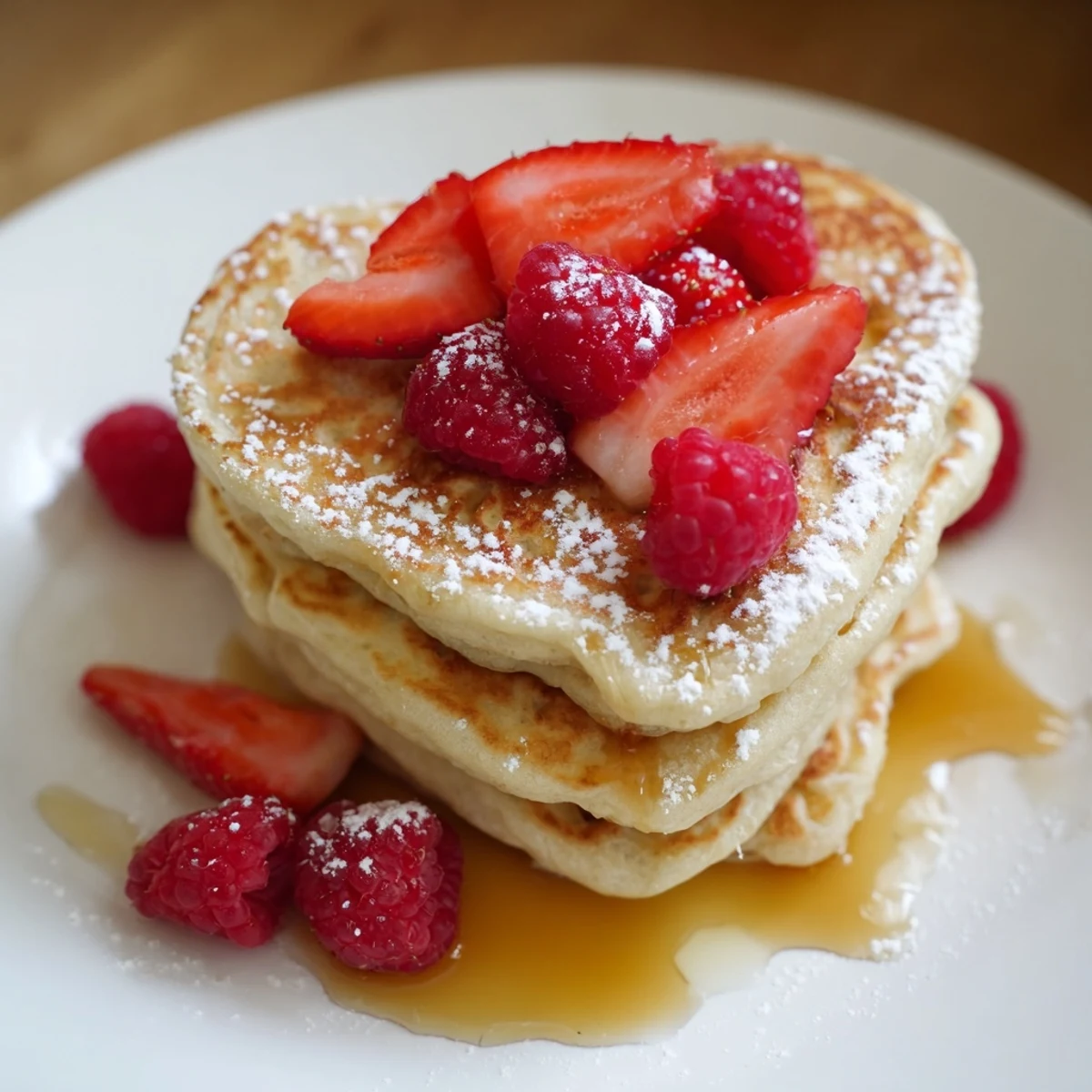 Stacked fluffy Valentine Breakfast in Bed Pancakes with sliced strawberries and raspberries on a white plate.