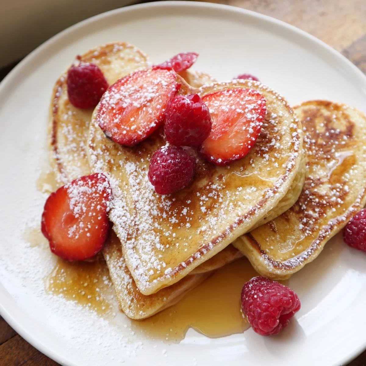 Warm Valentine Breakfast in Bed Pancakes dusted with powdered sugar, served with coffee for a romantic morning.