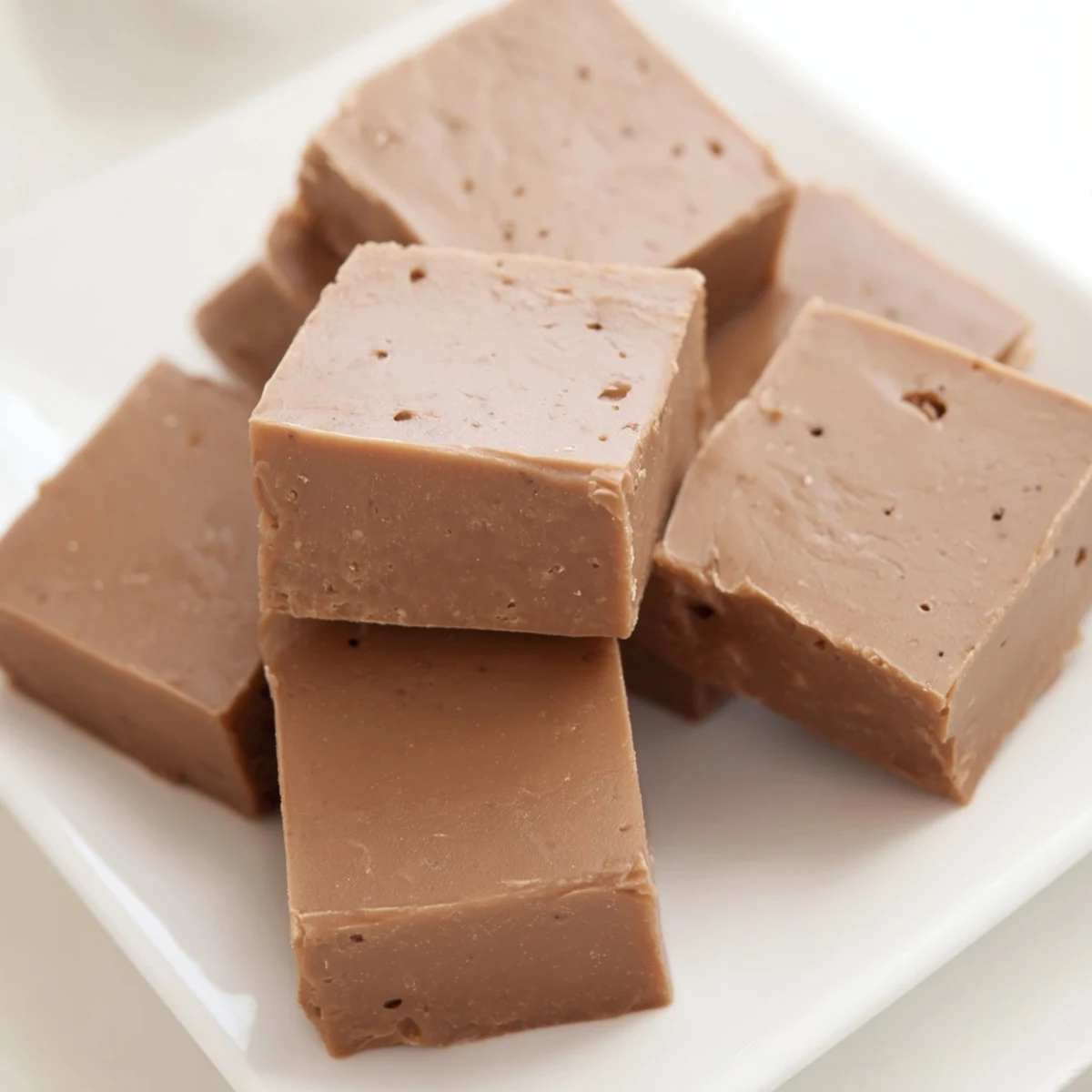 Creamy Irish Cream Fudge squares with rich chocolate and coffee notes, displayed on a rustic cutting board.