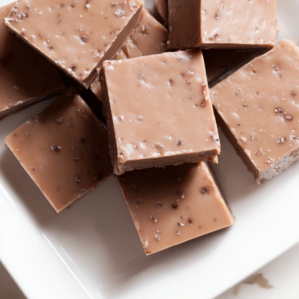 Homemade Irish Cream Fudge garnished with cocoa dust, sliced into neat squares ready to serve.