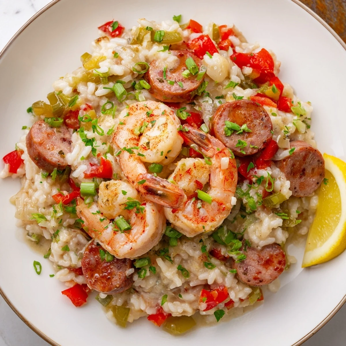 Plated Creole Jambalaya Risotto with Shrimp, featuring tender seafood and colorful bell peppers for a spicy, aromatic meal.