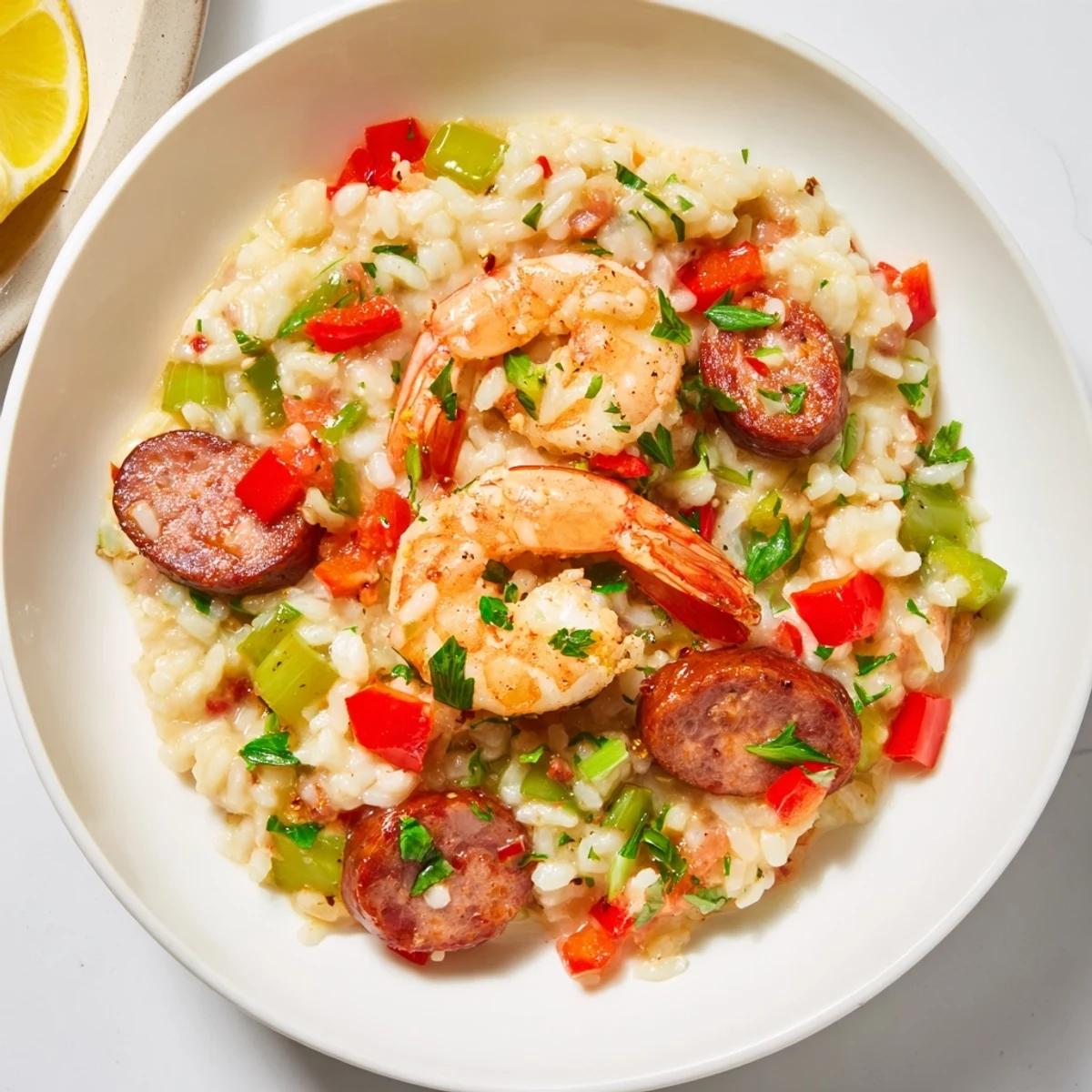 Creamy Creole Jambalaya Risotto with Shrimp and andouille sausage served hot, garnished with fresh parsley and lemon wedges.
