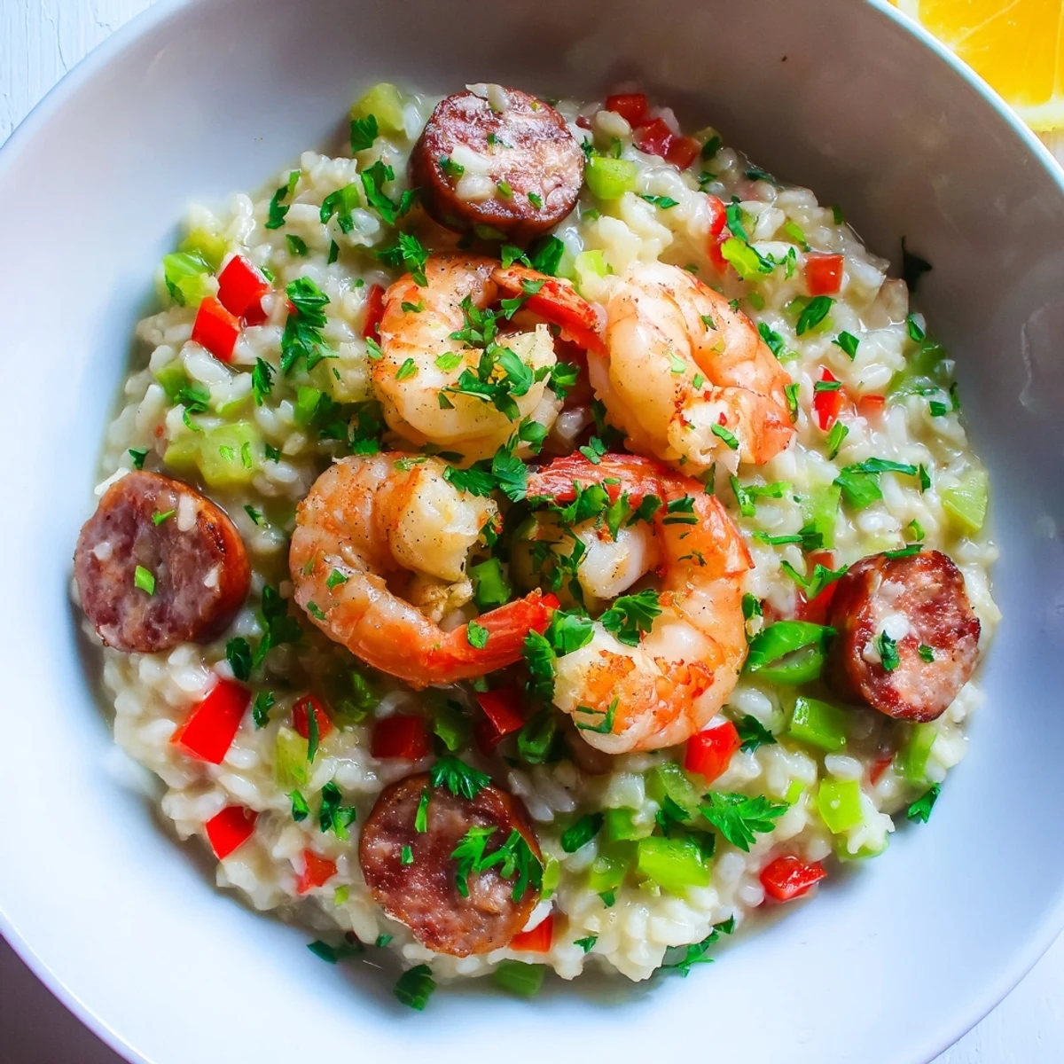 Close-up of Creole Jambalaya Risotto with Shrimp, highlighting succulent shrimp, smoky sausage, and a rich, creamy texture.