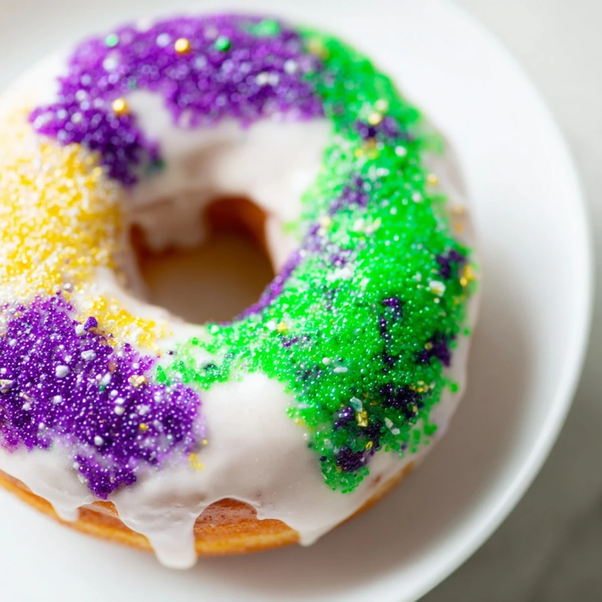 Freshly fried Mardi Gras Donuts glistening with glaze and colorful sugars on a wire rack.