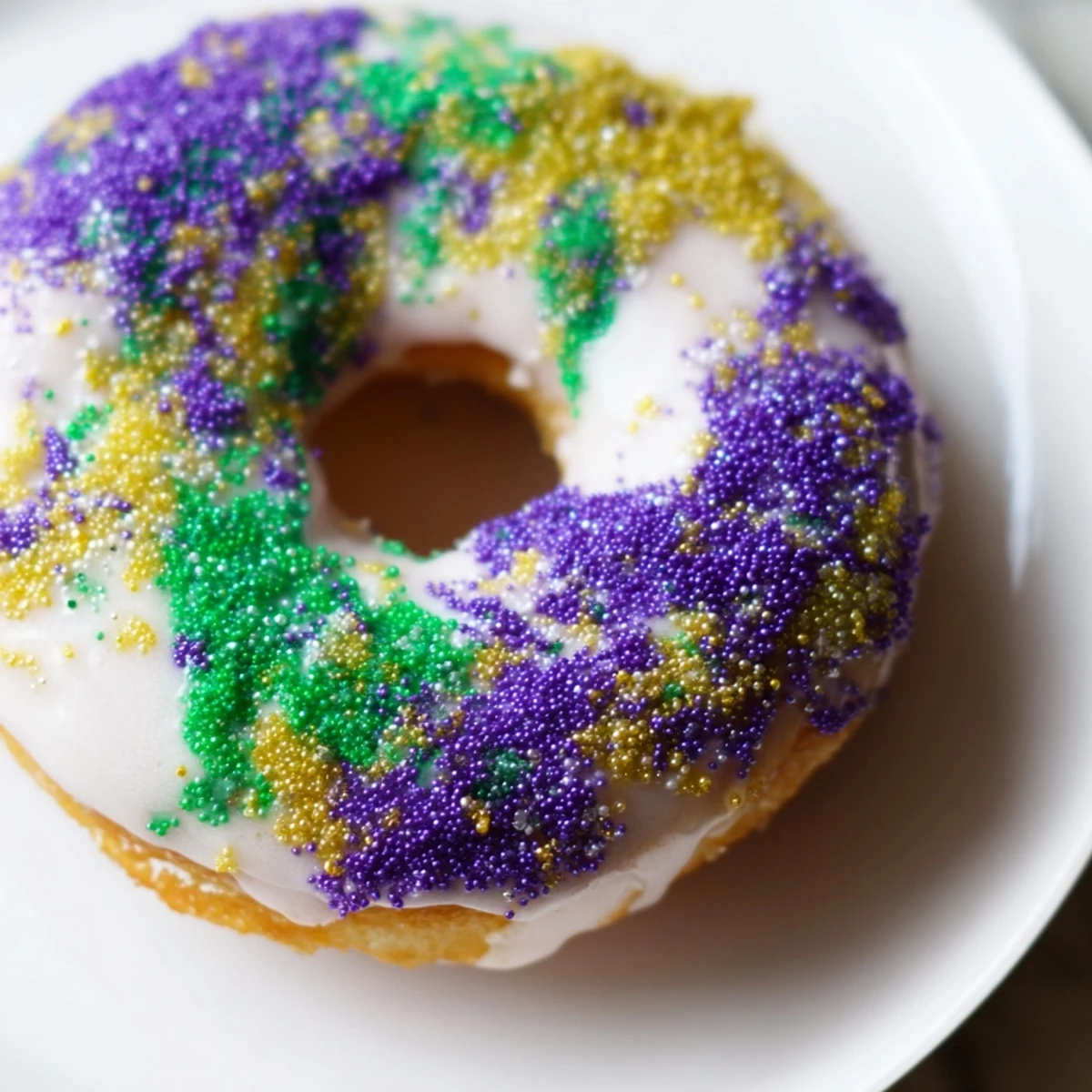 Golden-brown Mardi Gras Donuts piled high with purple, green, and yellow sparkling sugar.