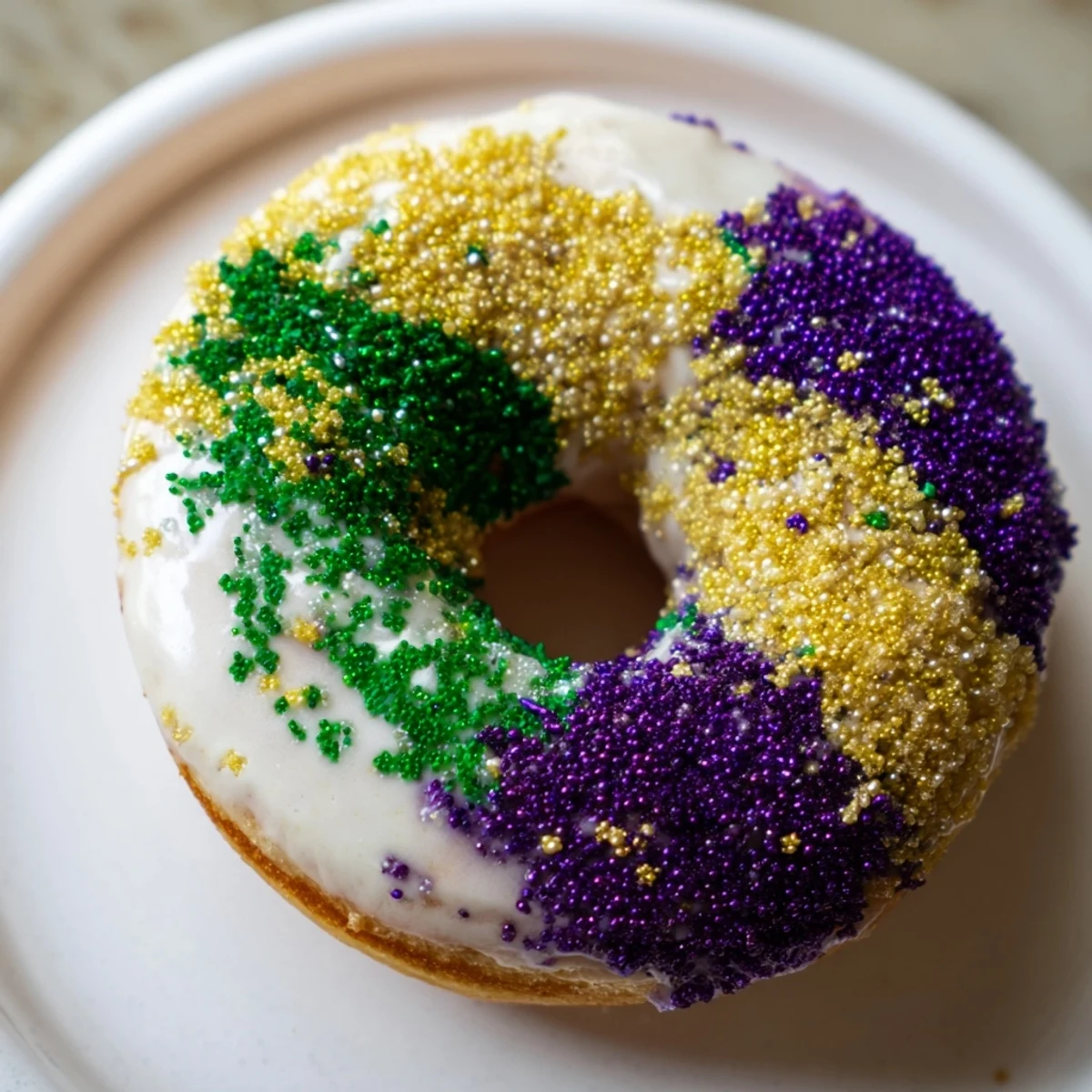 Warm Mardi Gras Donuts dusted in festive colored sugar, ready for a New Orleans party.