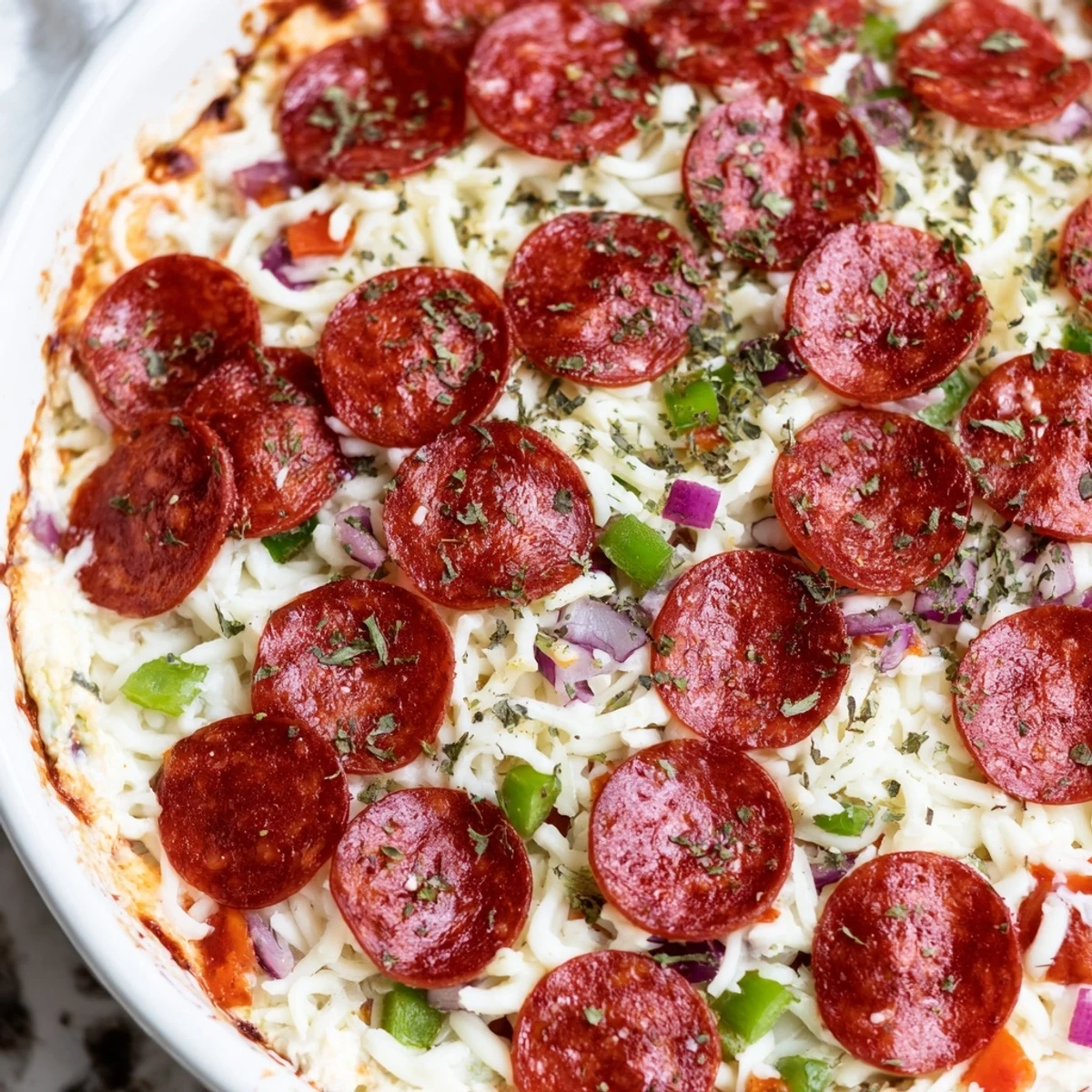 Golden-brown Game Day Pepperoni Pizza Dip from the oven, loaded with cheese and beef pepperoni, served warm with baguette slices for dipping.