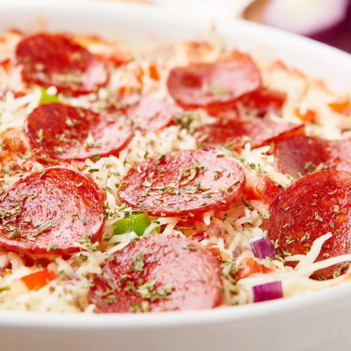 Freshly baked Game Day Pepperoni Pizza Dip with melted mozzarella, parmesan, and beef pepperoni, paired with pita chips for game day snacking.
