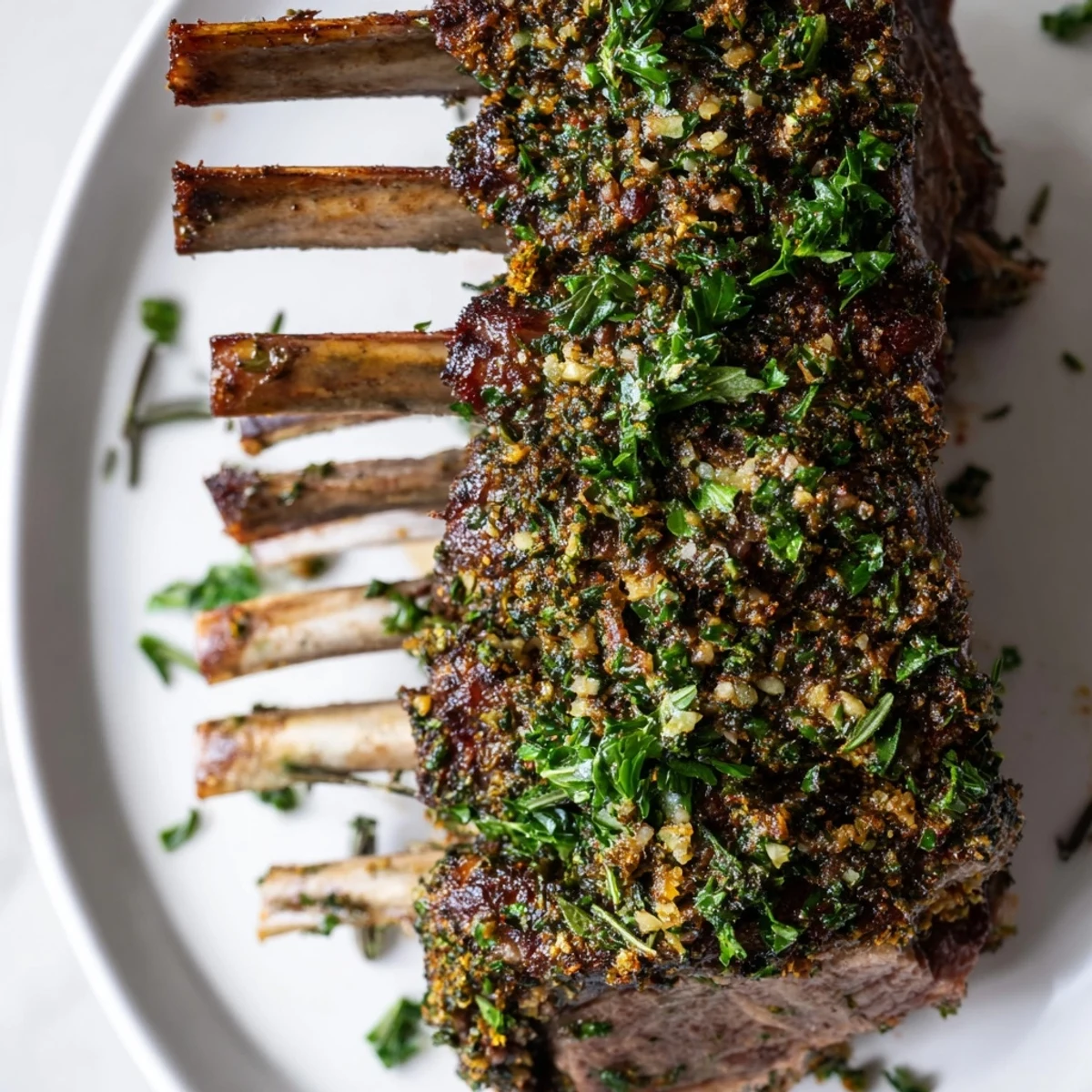 A romantic roasted rack of lamb garnished with fresh parsley, showcasing a perfect medium-rare pink center and herb crust.
