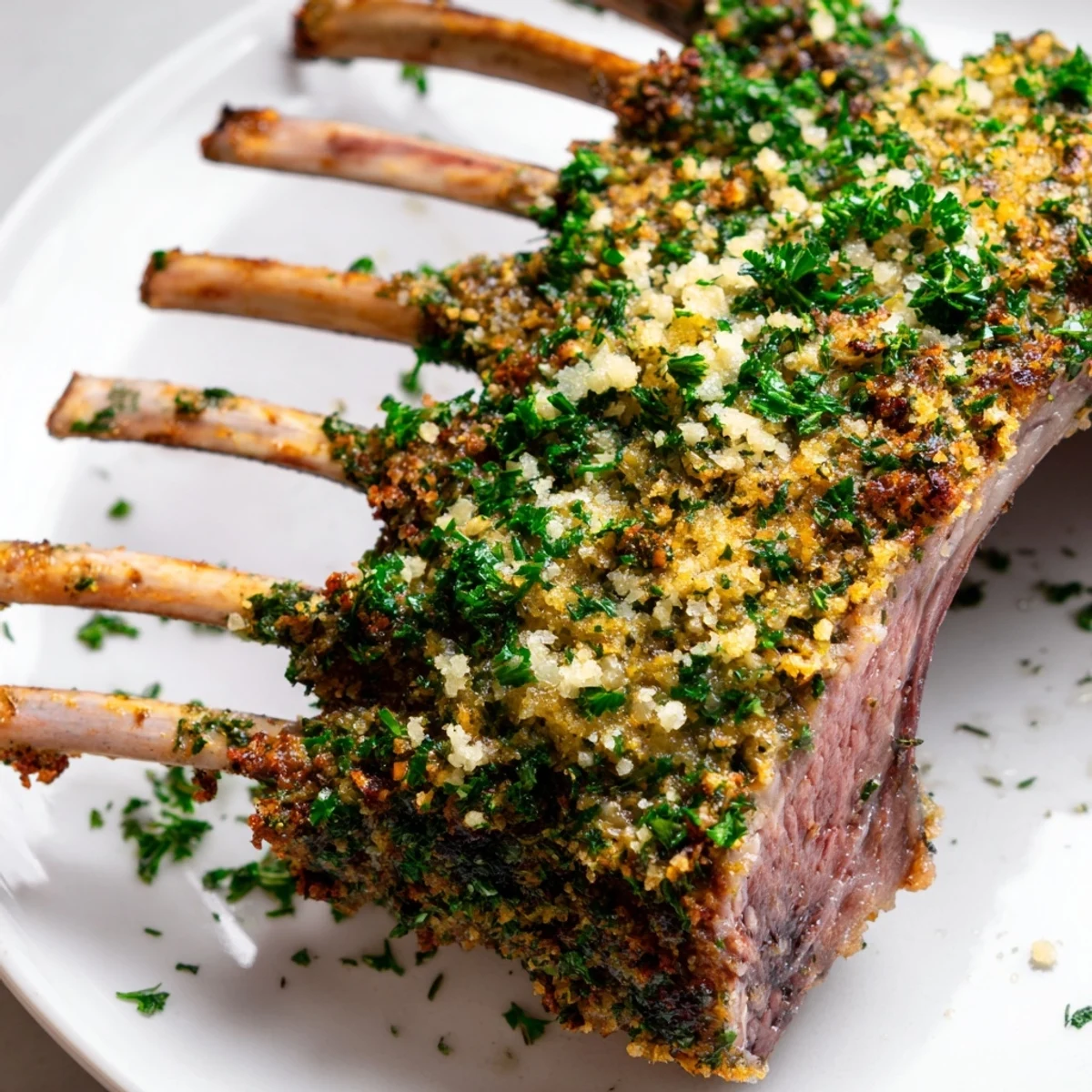 Fresh rosemary and garlic crust on a tender roasted rack of lamb, ideal for a cozy dinner for two.