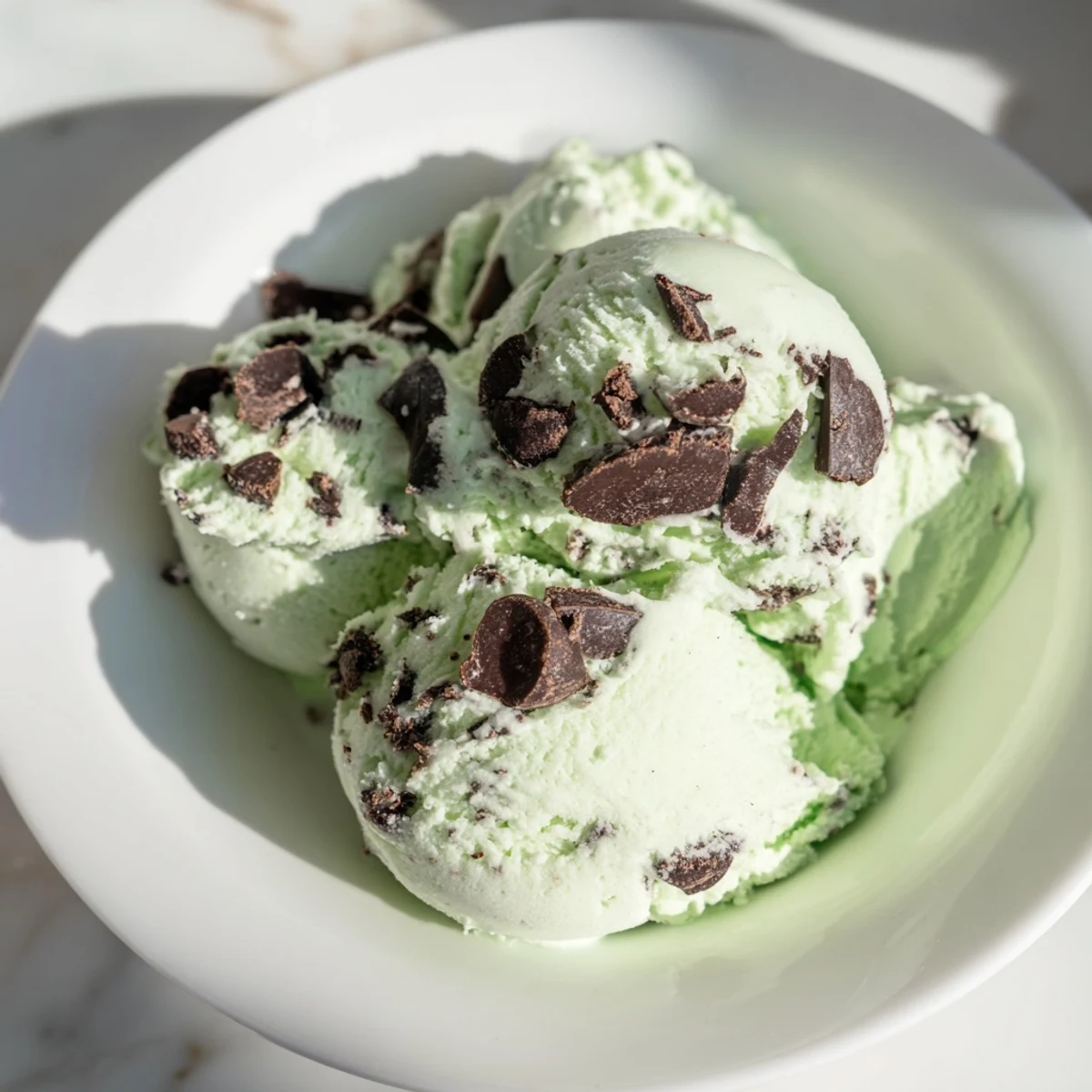 Creamy homemade St. Patricks Day Mint Chocolate Chip Ice Cream with green hue and chocolate chunks, scooped into a bowl.