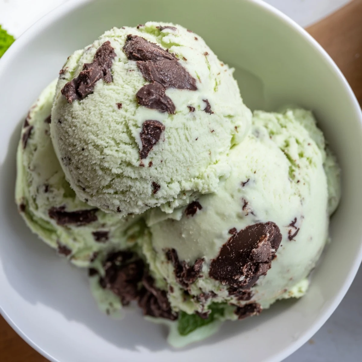 Rich St. Patricks Day Mint Chocolate Chip Ice Cream served in glass dessert bowls, paired with brownies on a festive table.