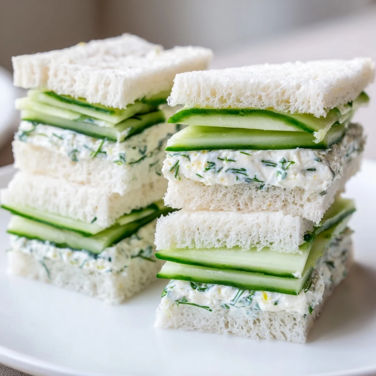 Freshly made Green Cucumber Sandwiches with Herb Cheese on soft bread, featuring crisp cucumber slices and a vibrant green spread.