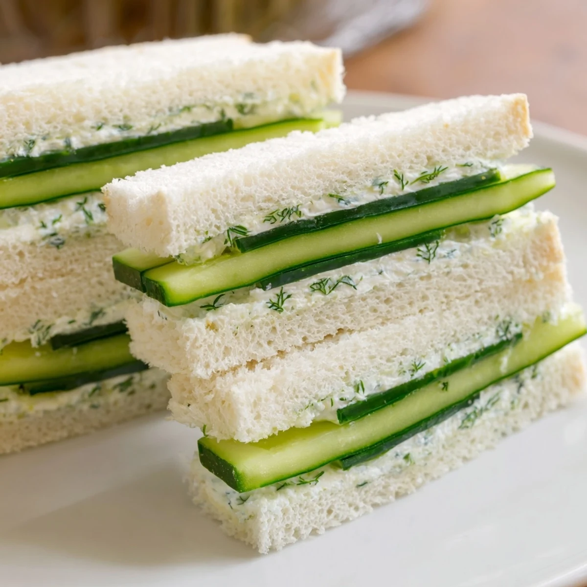A platter of Green Cucumber Sandwiches with Herb Cheese, cut into neat triangles and ready for a refreshing afternoon tea.