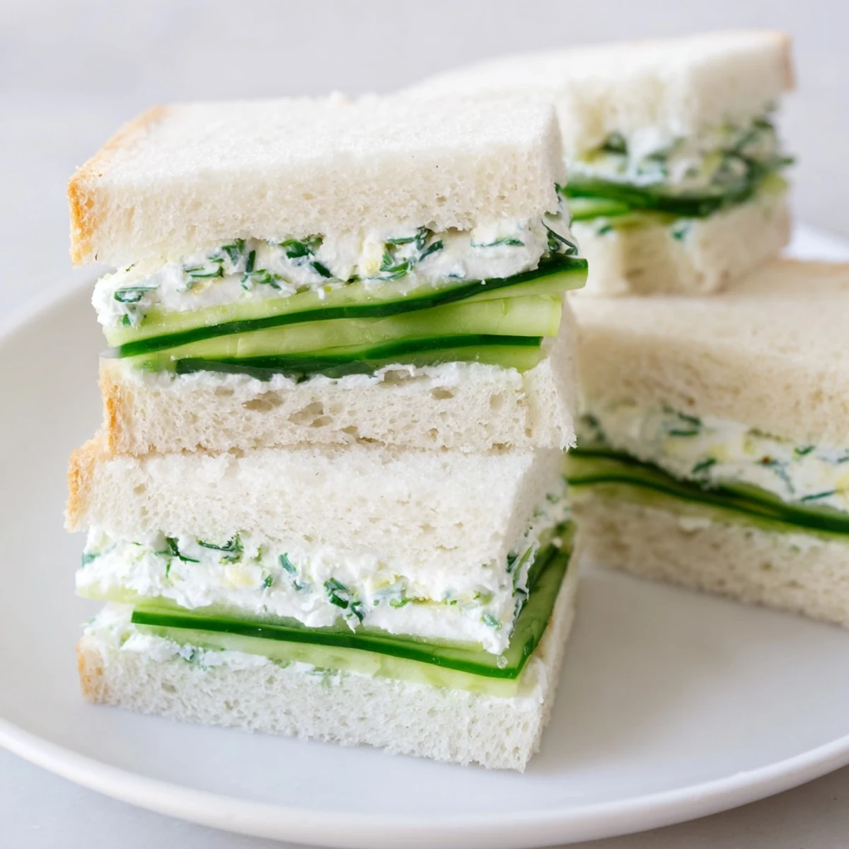 Close-up of Green Cucumber Sandwiches with Herb Cheese, highlighting creamy, dill-infused spread layered with thin, juicy cucumber slices.